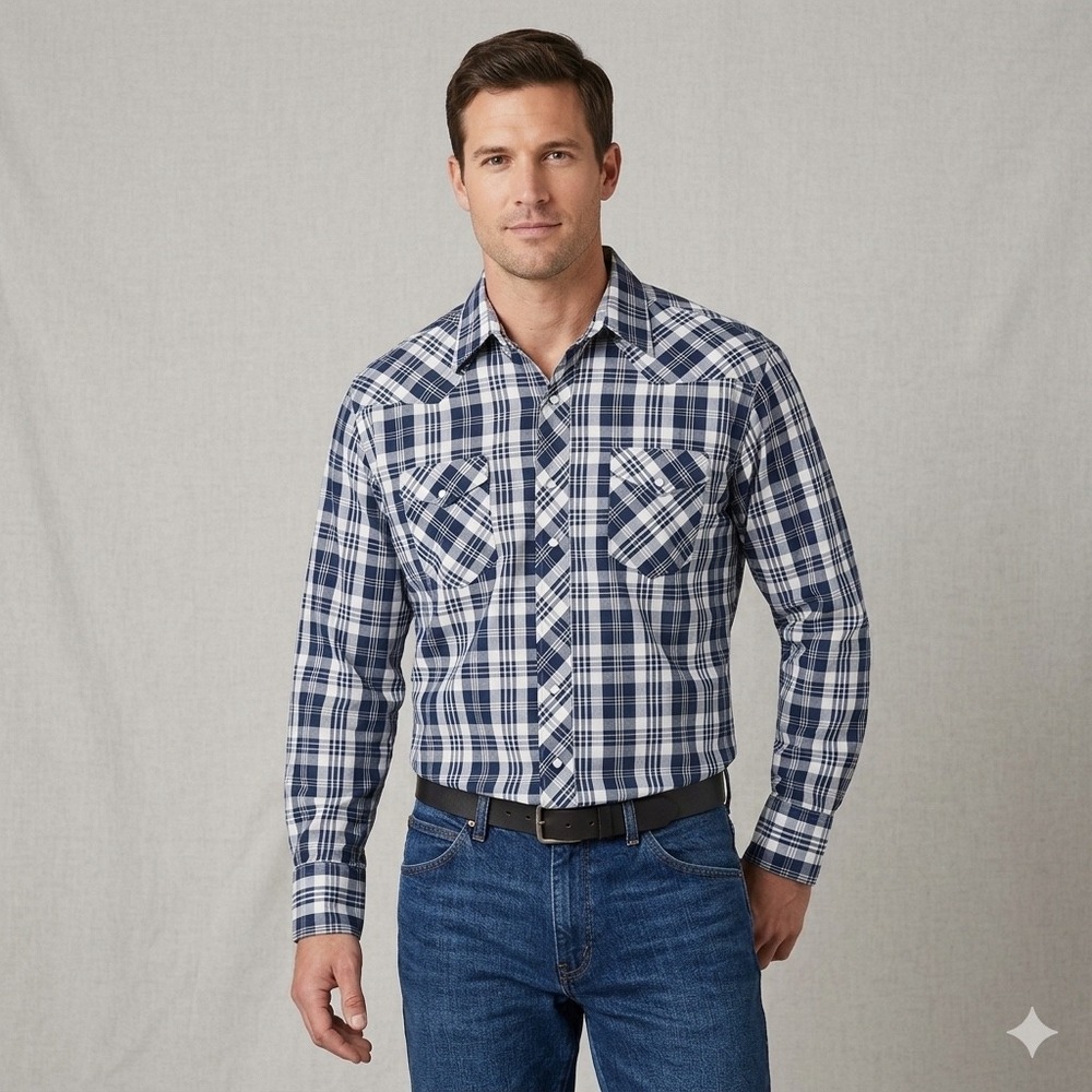 Vintage Wrangler Mens Size Large Western Shirt Pearl Snap Plaid Navy White Rodeo